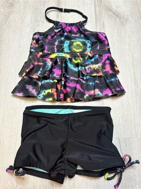 Kids - 3 for $10 - Girls Two-Piece Ruffle Tankini in Black with Neon Tie-Dye